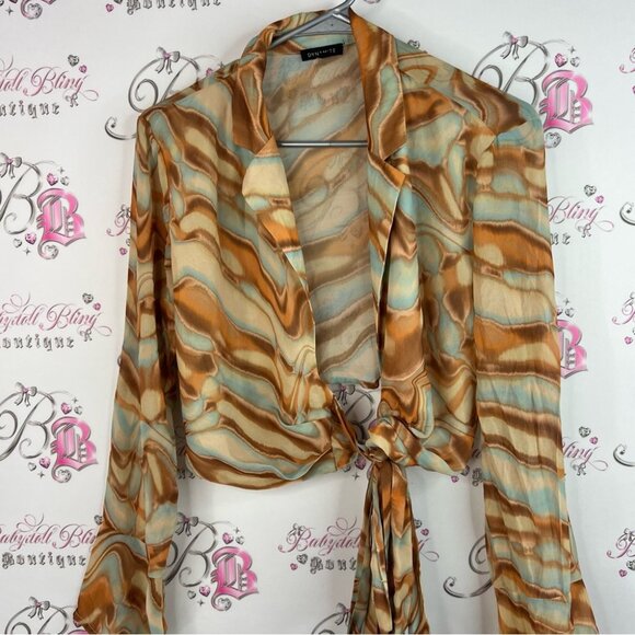 Dynamite blouse tie up swirls ribbon bow front brown Multicolor Tie-Front Blouse - Picture 4 of 11